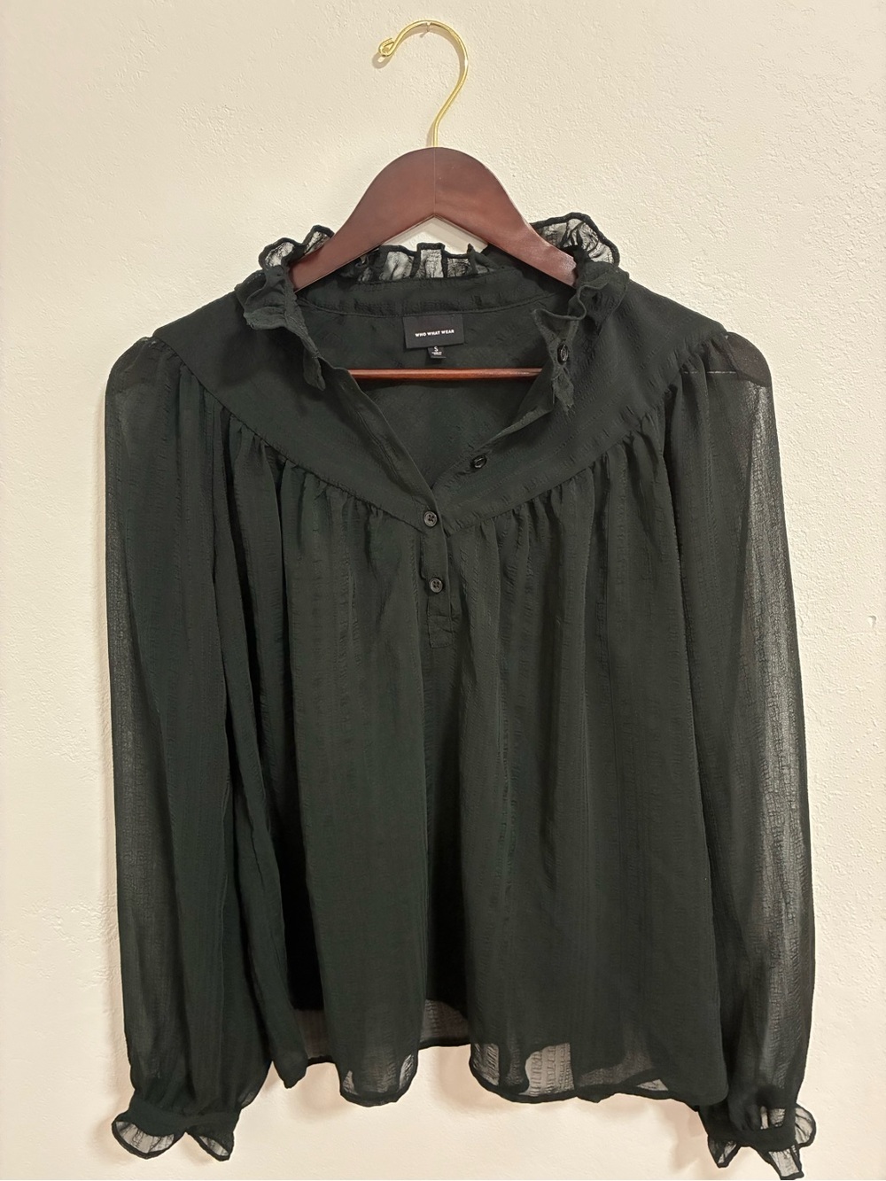 Who What Wear Black Sheer Ruffled Neck Blouse